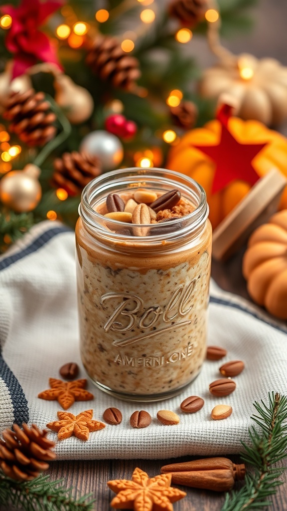 A jar of pumpkin spice overnight oats topped with nuts, surrounded by festive decorations.