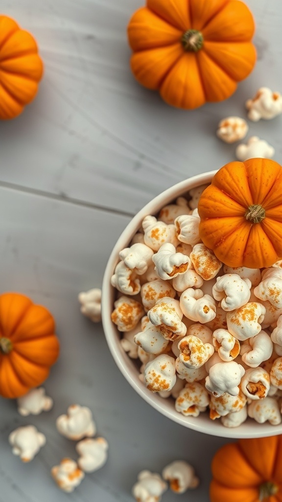 A bowl of popcorn topped with pumpkin spice, surrounded by small orange pumpkins.