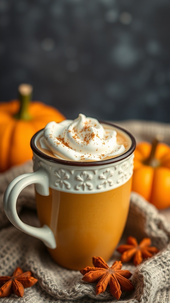 A pumpkin spice smoothie topped with whipped cream and cinnamon, surrounded by small pumpkins and star anise.