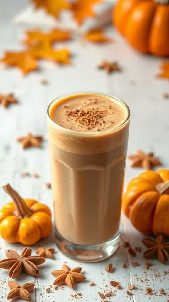 A glass of pumpkin spice smoothie surrounded by small pumpkins and star anise.