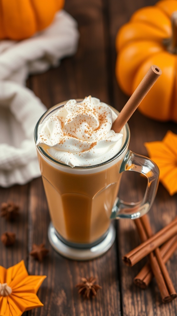 A pumpkin spice smoothie topped with whipped cream, cinnamon, and a cinnamon stick, surrounded by pumpkins and star anise.