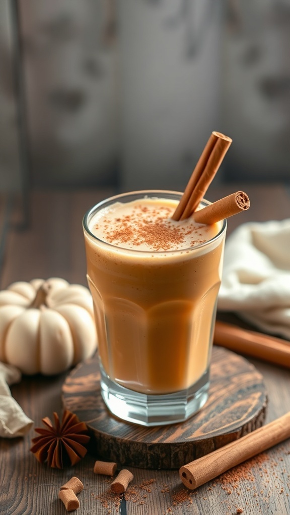 A pumpkin spice smoothie in a glass with cinnamon sticks and a sprinkle of cinnamon on top, surrounded by small pumpkins and spices.