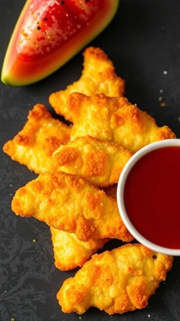 Plate of fried cheese pieces with dipping sauce and a slice of watermelon.