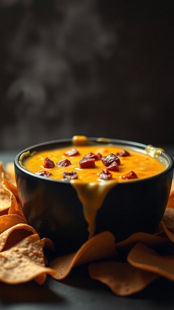 A bowl of queso fundido topped with chorizo, surrounded by tortilla chips.