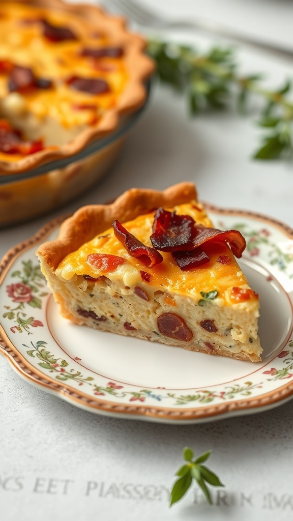 A slice of Quiche Lorraine with bacon and cheese on a floral plate, showcasing a golden crust and creamy filling.
