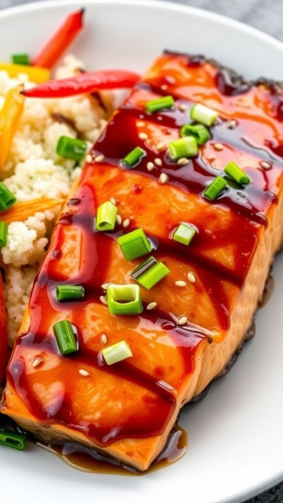 Grilled teriyaki salmon fillet on a plate with rice and vegetables, garnished with green onions and sesame seeds.
