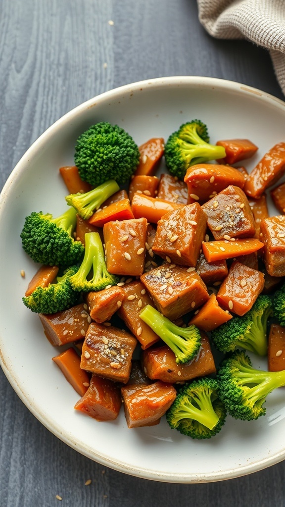 A plate of beef and broccoli stir-fry with sesame seeds on top.