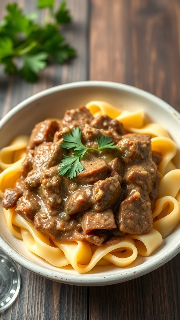 A bowl of beef stroganoff over egg noodles garnished with parsley.