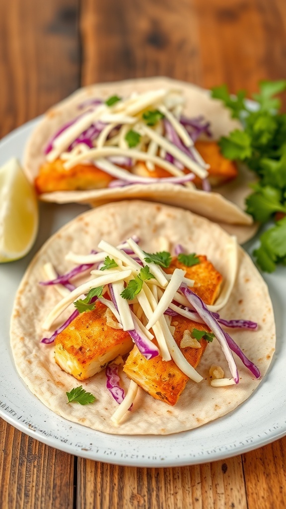A plate of fish tacos topped with cabbage slaw and cilantro, served with lime.