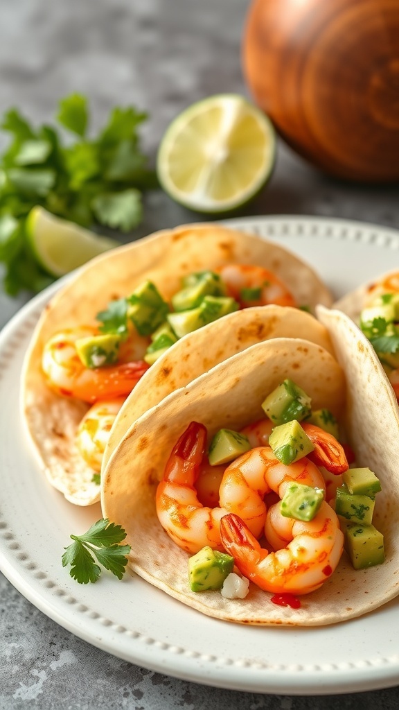 Plate of shrimp tacos with avocado salsa, garnished with cilantro and lime.