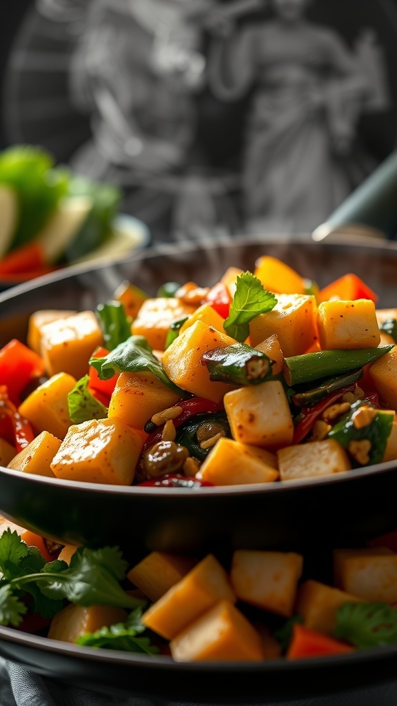 A colorful bowl of veggie tofu stir-fry with tofu cubes, bell peppers, and greens.