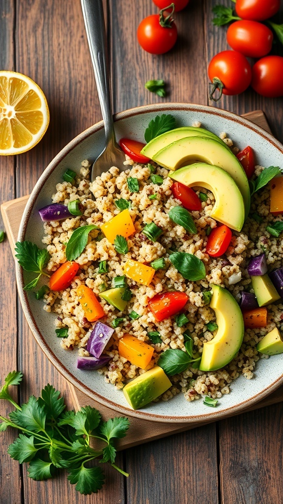 A bowl of quinoa and avocado salad with colorful vegetables and lemon slices on the side.