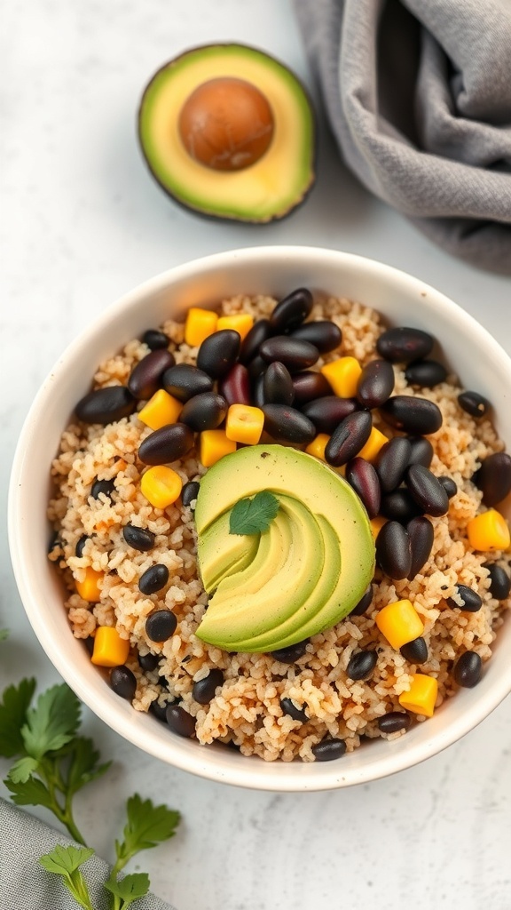 A bowl of quinoa topped with black beans, corn, and avocado slices, garnished with cilantro.