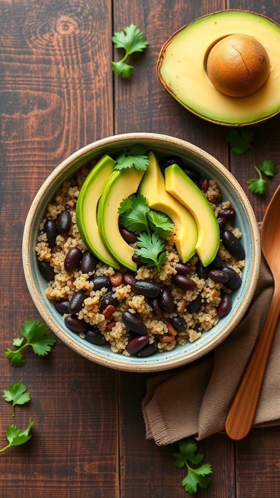 A quinoa and black bean bowl topped with avocado slices and cilantro on a wooden table.