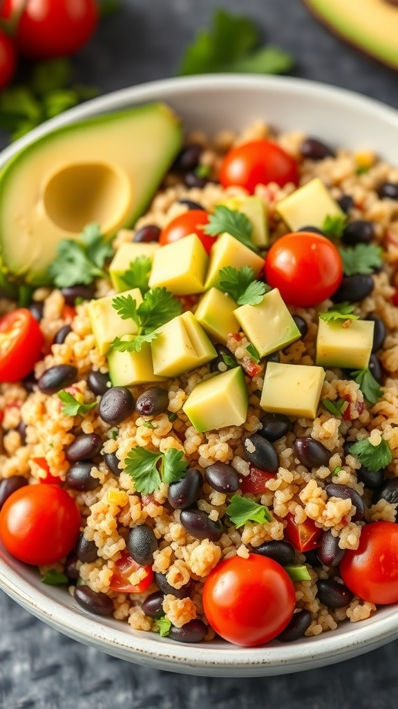 A bowl of quinoa and black bean salad with tomatoes, avocado, and cilantro.