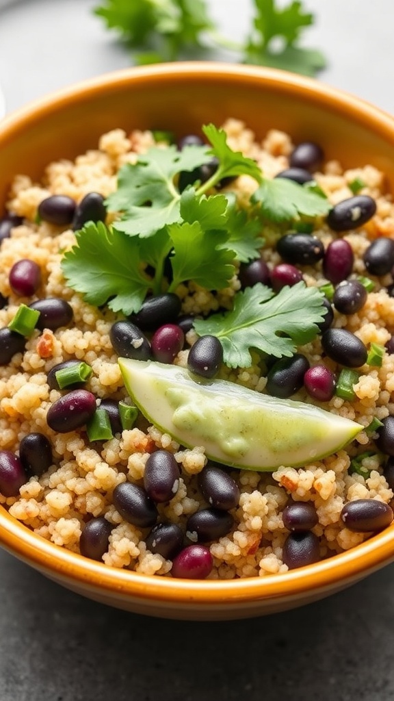 A bowl of quinoa and black bean salad topped with cilantro and lime.