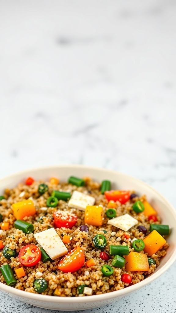A colorful quinoa and veggie breakfast bake with bell peppers, tomatoes, and green onions in a bowl.