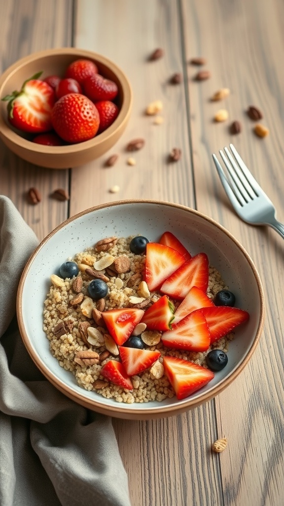 A quinoa breakfast bowl topped with strawberries, blueberries, and nuts, with a side of fresh strawberries.