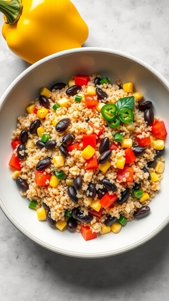 A bowl of quinoa salad with black beans, corn, and colorful bell peppers, with a yellow bell pepper in the background.