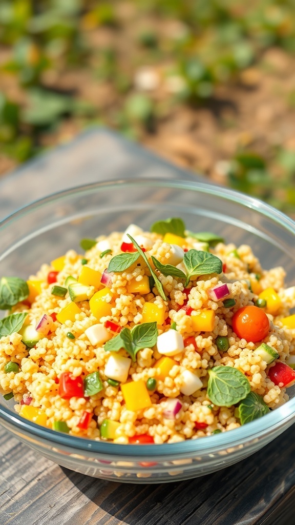 A colorful quinoa salad with citrus dressing, featuring diced bell peppers, corn, black beans, and a lemon slice on top.
