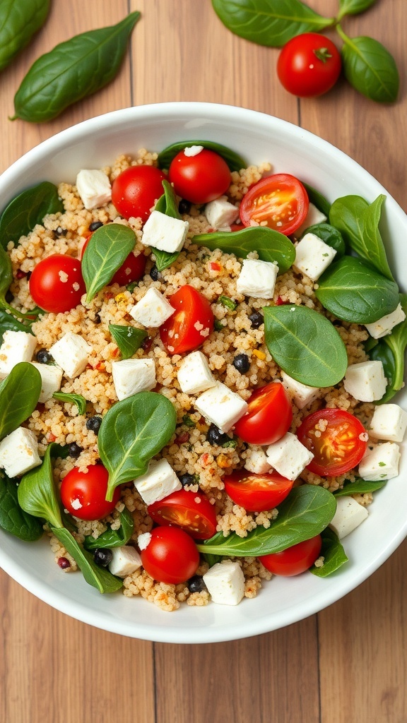 A bowl of quinoa salad with cherry tomatoes, spinach, and feta cheese