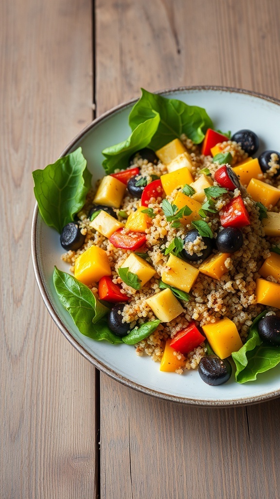A colorful quinoa salad with roasted vegetables, including bell peppers, black olives, and greens, served in a bowl.