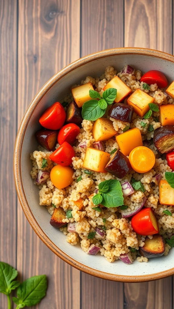 A bowl of quinoa salad with roasted vegetables, including cherry tomatoes and squash, garnished with herbs.