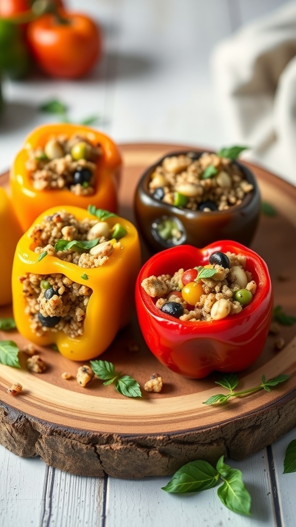 Colorful quinoa stuffed peppers on a wooden plate