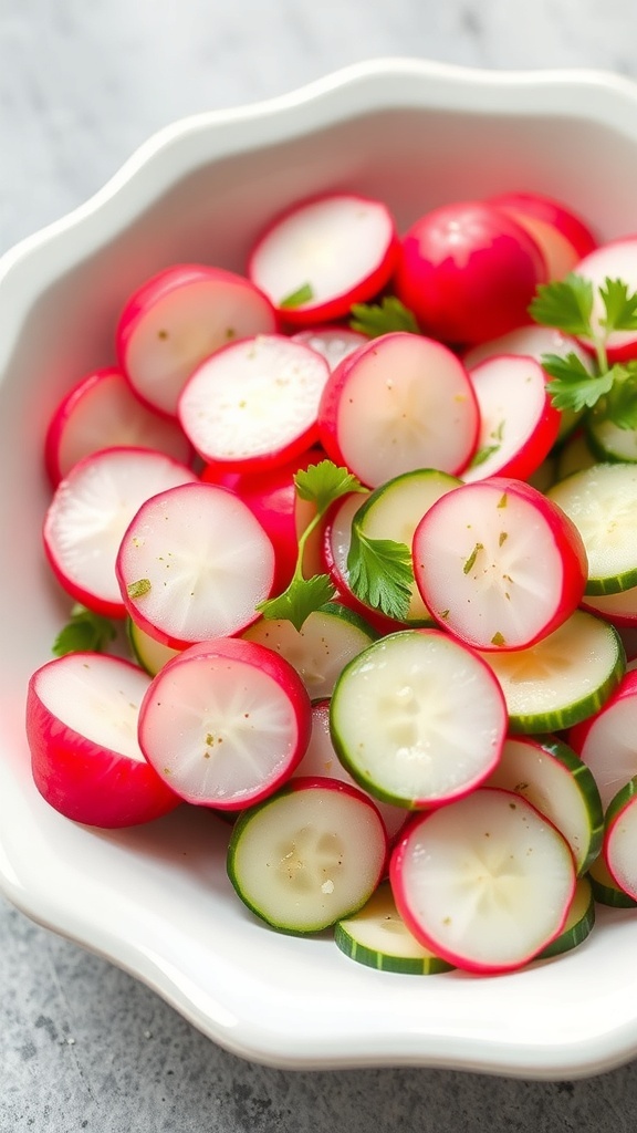 A bowl of sliced radishes and cucumbers garnished with cilantro