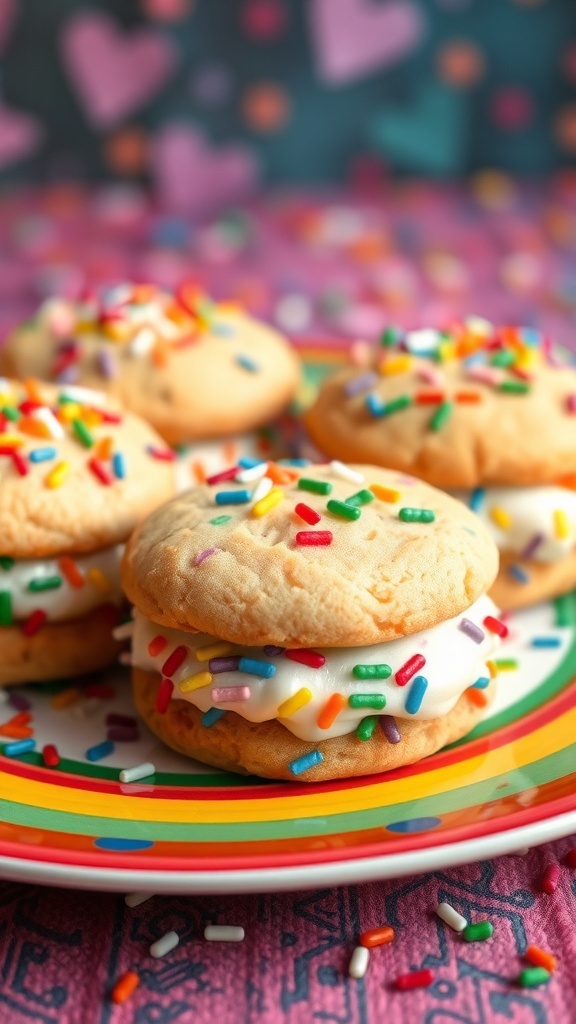 Colorful rainbow sprinkle cookie sandwiches on a plate