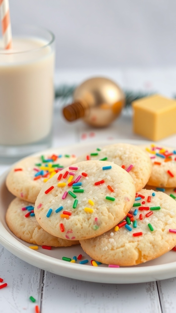 A plate of rainbow sprinkle sugar cookies with a glass of milk in the background