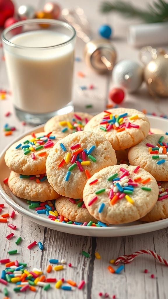 A plate of rainbow sprinkles sugar cookies with a glass of milk in the background, surrounded by colorful decorations.