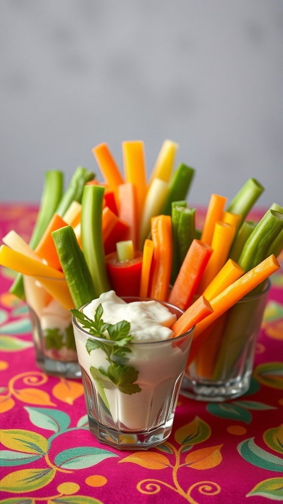 Colorful cups filled with fresh vegetable sticks and a creamy dip