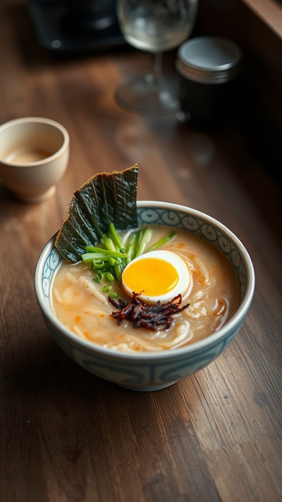 A bowl of ramen noodle soup with toppings including a soft-boiled egg, green onions, and seaweed.