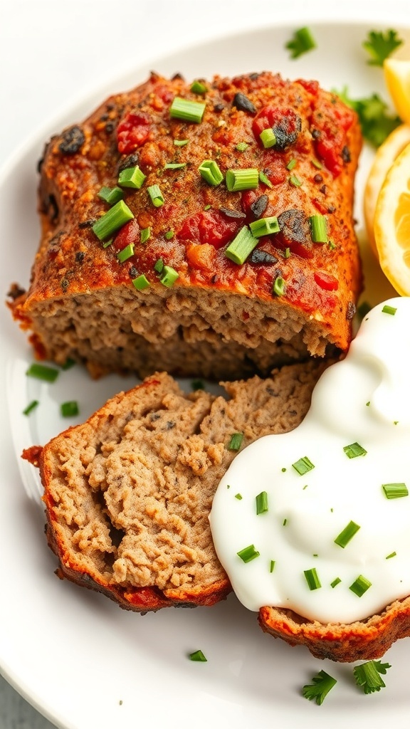 A slice of ranch seasoned meatloaf topped with fresh herbs and served with a creamy sauce on a plate.