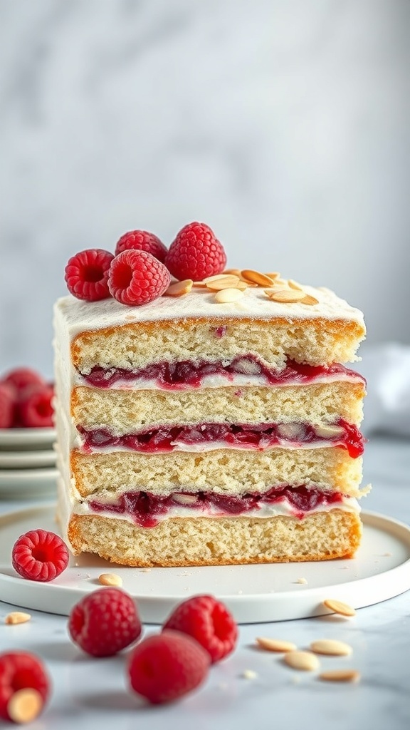 A beautiful Raspberry Almond Cake with layers of raspberry filling, topped with fresh raspberries and slivered almonds.