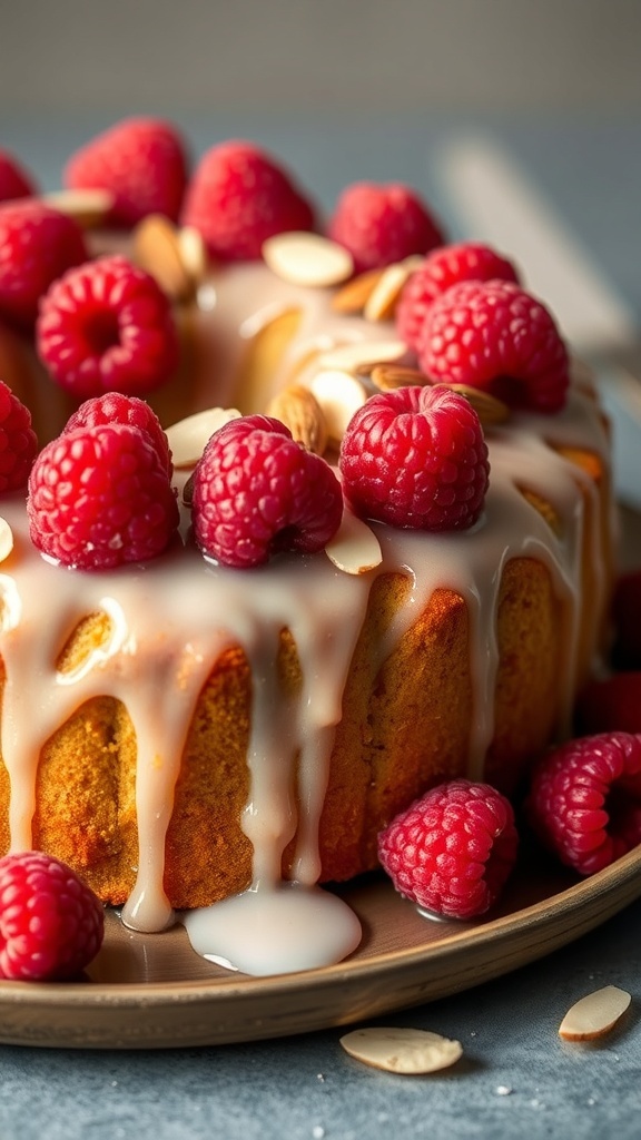 A Raspberry Almond Cake topped with fresh raspberries and sliced almonds, drizzled with a glaze.