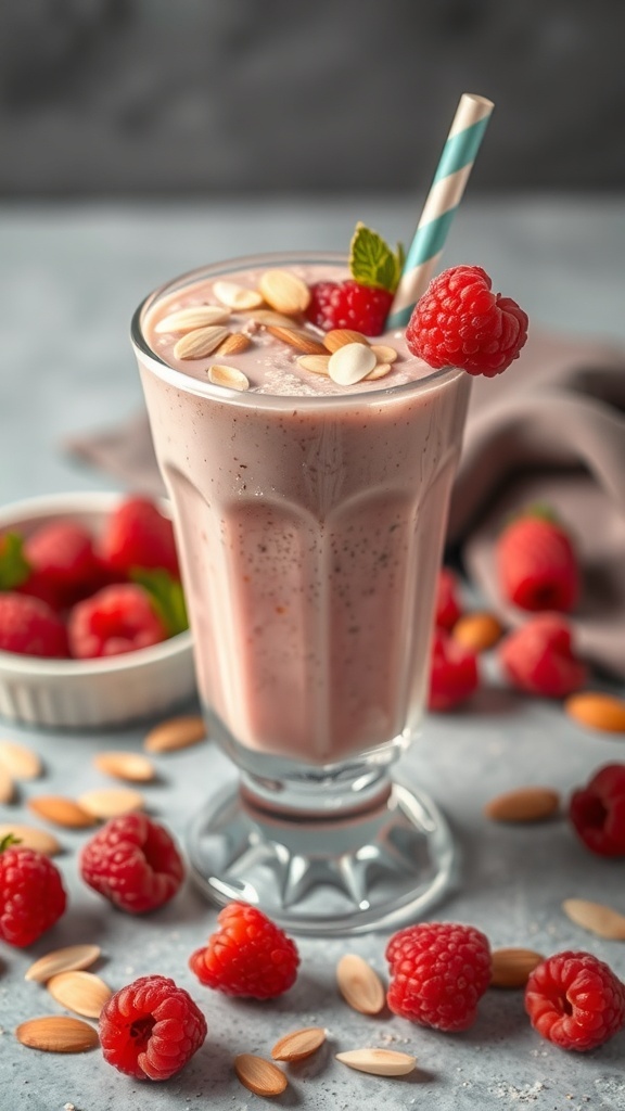 A glass of raspberry almond smoothie topped with raspberries and almonds, with a striped straw.