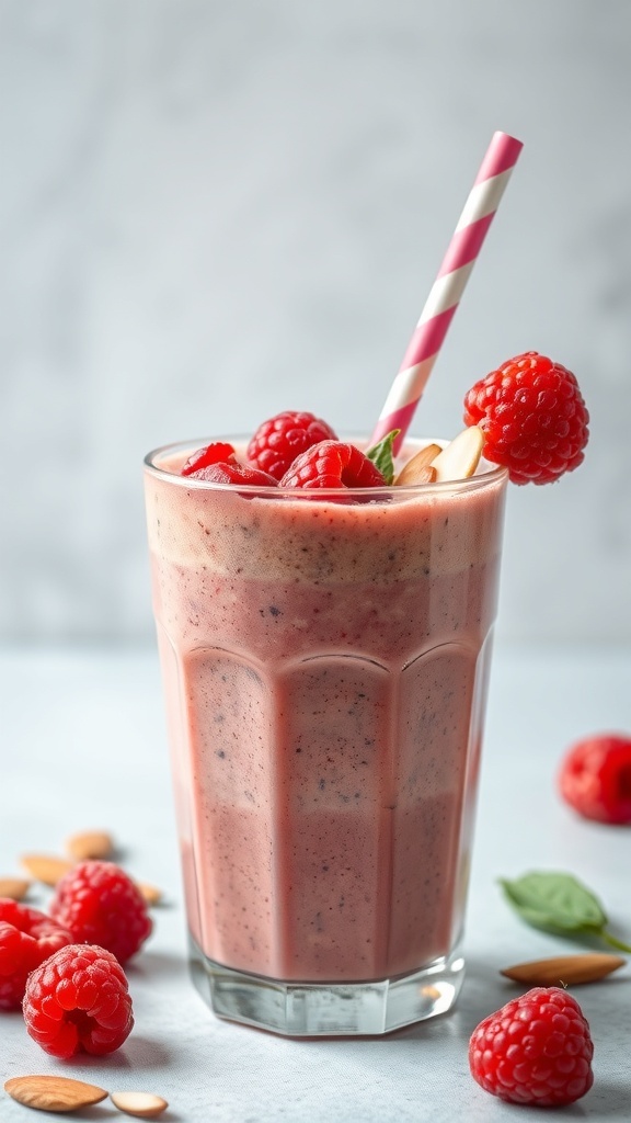 A glass of raspberry almond smoothie topped with raspberries and almonds, with a striped straw.
