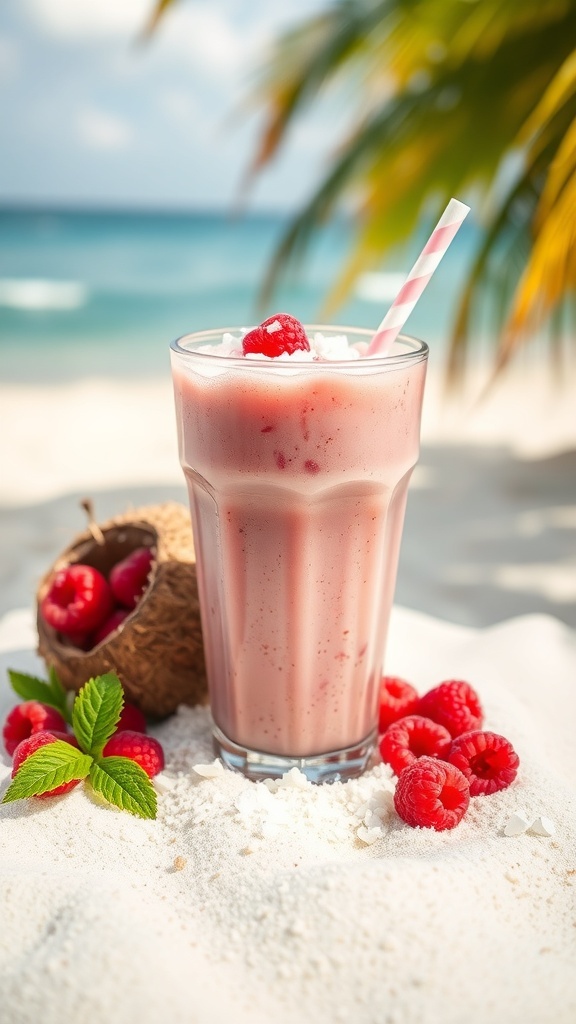 A refreshing raspberry smoothie with coconut, topped with whipped cream and a raspberry, set on a sandy beach.