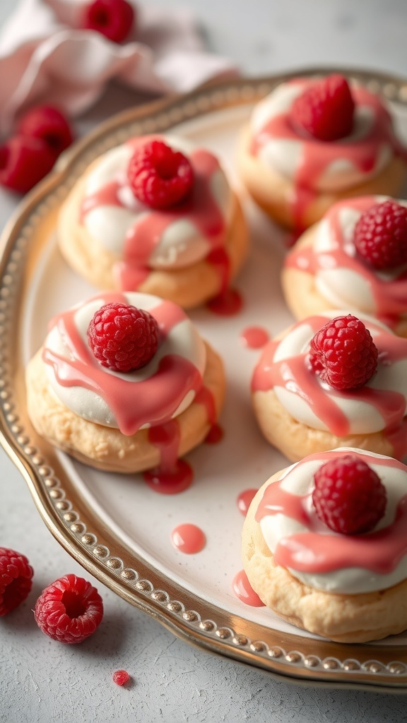 Delicious raspberry cream puff pastry puffs topped with fresh raspberries and raspberry drizzle on a decorative plate.
