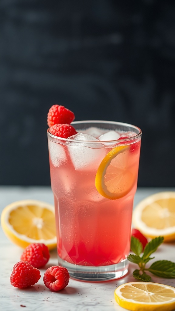 A refreshing glass of Raspberry Lemonade Bliss with ice, garnished with lemon slices and fresh raspberries.