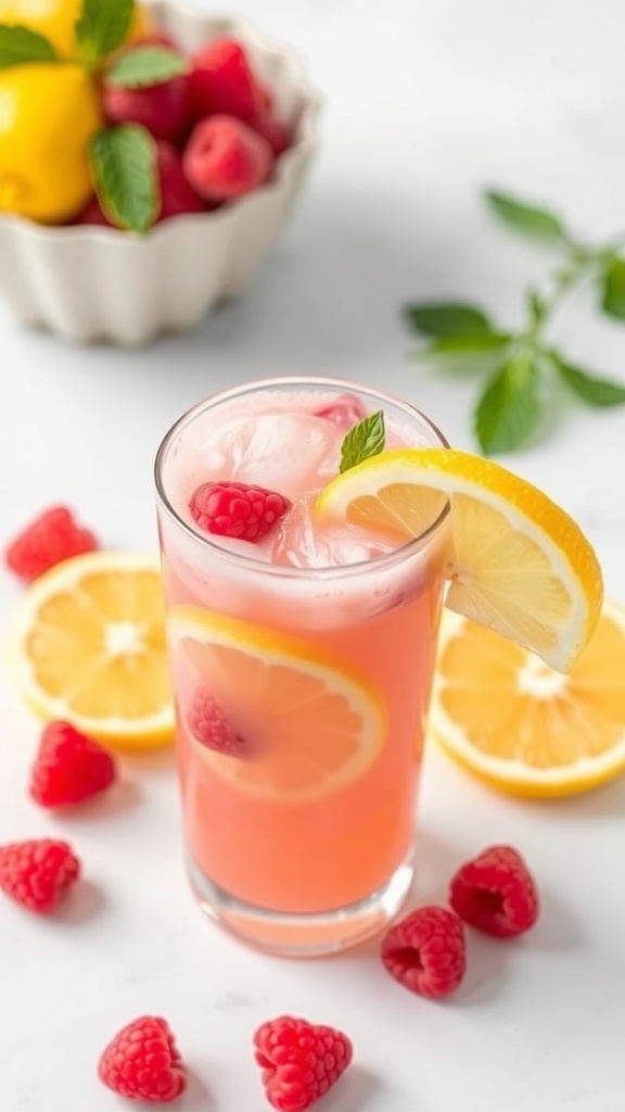 A refreshing raspberry lemonade smoothie in a glass, garnished with lemon slices and fresh raspberries.
