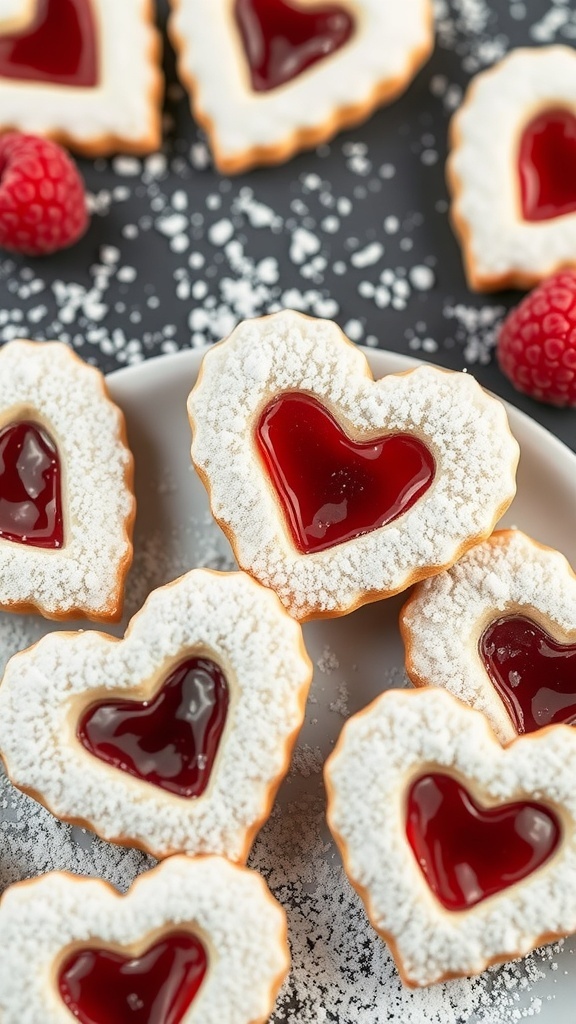 Heart-shaped raspberry linzer cookies with jam filling, dusted with powdered sugar