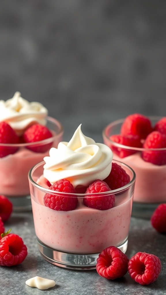 Raspberry mousse cups topped with whipped cream and fresh raspberries