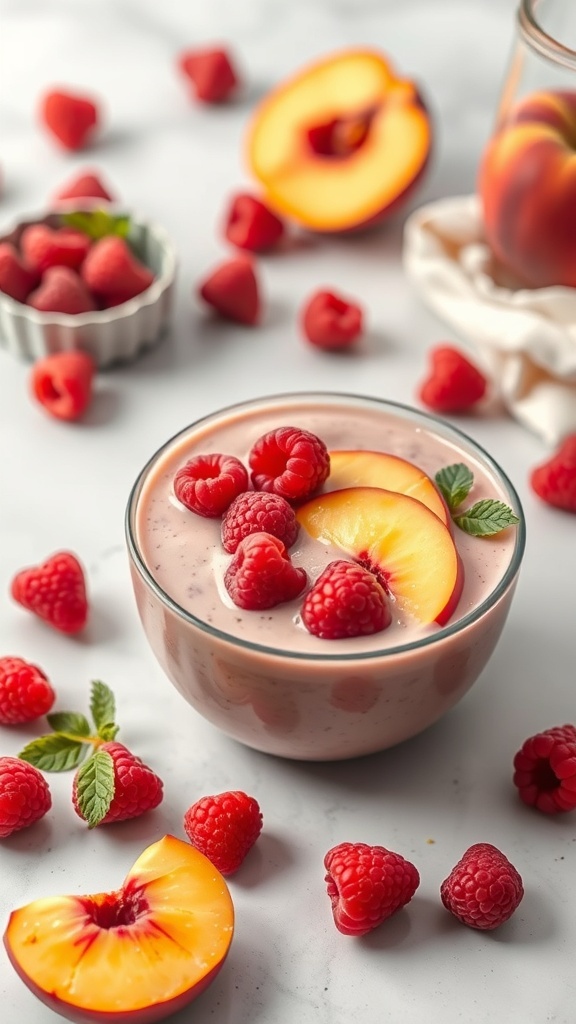 A delicious raspberry peach smoothie topped with fresh raspberries and peach slices.