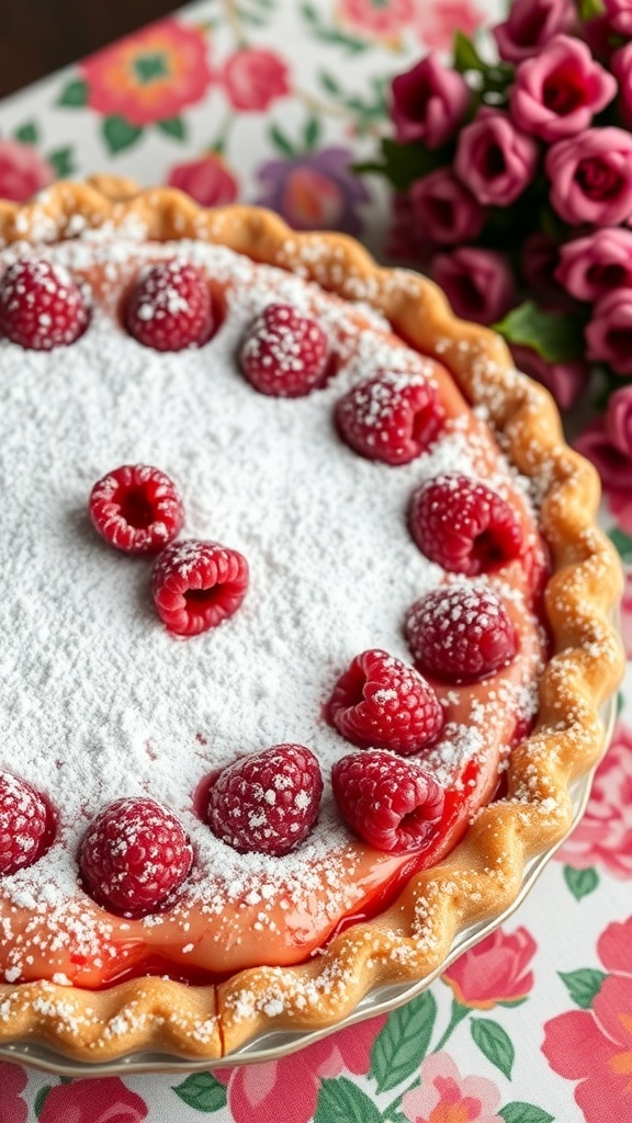 A raspberry pie topped with powdered sugar and fresh raspberries, set on a floral tablecloth.