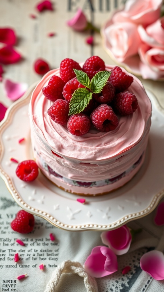 A beautiful Raspberry Rose Cake topped with fresh raspberries and mint leaves, surrounded by rose petals.