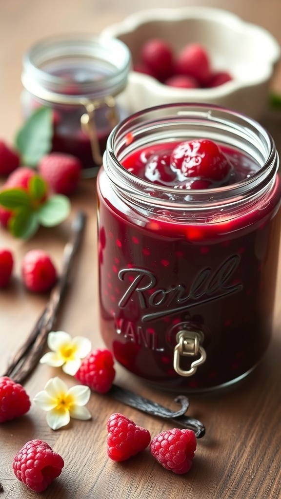A jar of Raspberry Vanilla Jam surrounded by fresh raspberries and vanilla beans.