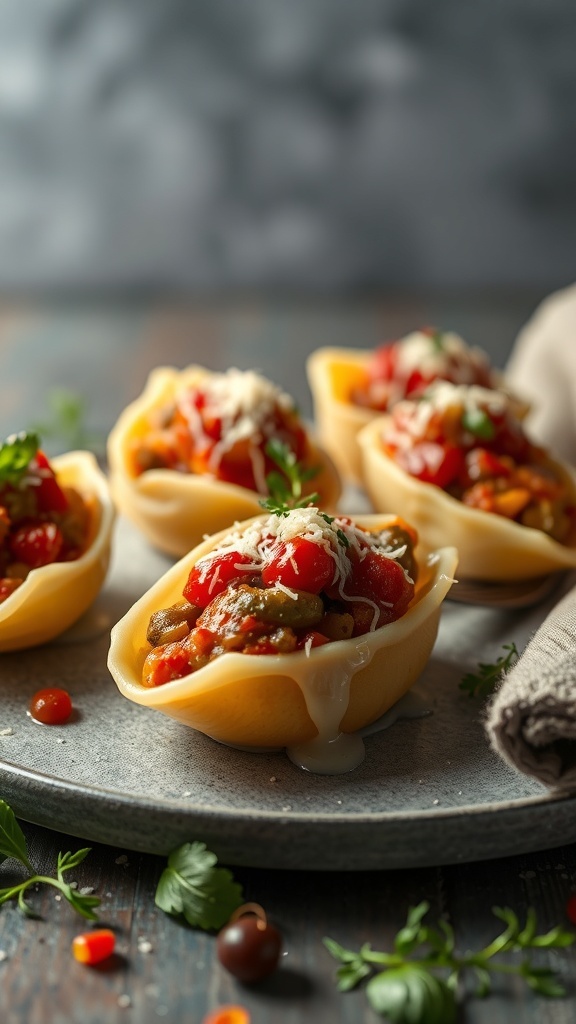 Plate of ratatouille stuffed shells topped with cheese and garnished with herbs